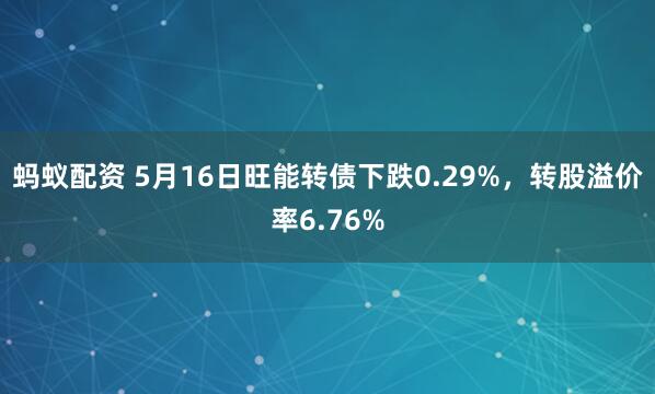 蚂蚁配资 5月16日旺能转债下跌0.29%，转股溢价率6.76%